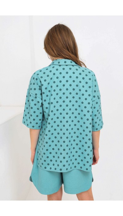 Костюм Лен рубашка + шорты 1252 горох крупный зеленый